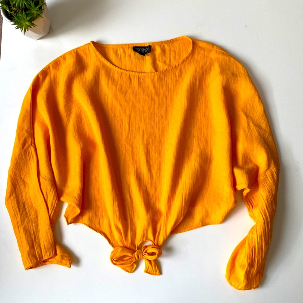 Topshop Size 2 Top Mustard Yellow Front Tie   3/4 - Long Sleeve   Crop Top